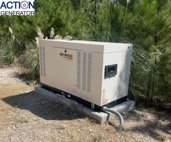 A large standby home generator installed on a concrete pad next to an external residential wall with electrical conduit connections.