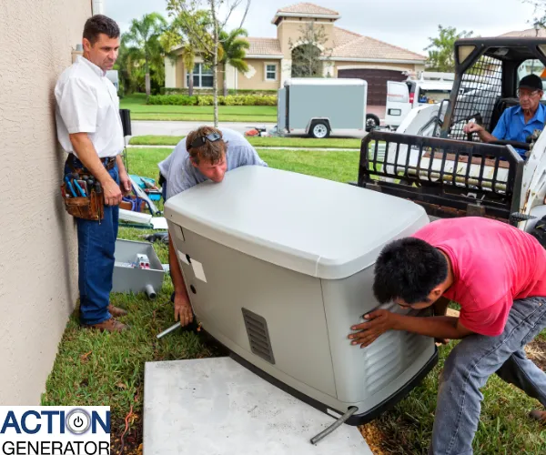 Side view of a tan whole-home generator positioned on a concrete base along a brick house exterior.