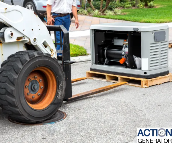 A tan whole-home generator positioned on a concrete base along a residential house exterior with electrical conduit connections.